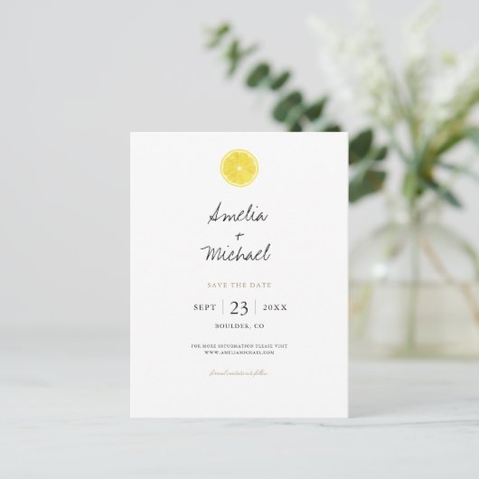 Carte Postale Faire-part Simple citron Enregistrer la date (Debout devant)