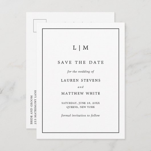 Carte Postale Faire-part Simple Élégant Mariage Blanc Noir Enregistrer la D (Devant / Derrière)