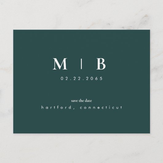 Carte Postale Faire-part Simple & Élégant Monogramme Émeraude Save the Date (Devant)