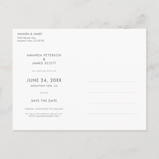 Carte Postale Faire-part Simple Elegant Photo moderne Enregistrer la date M (Dos)