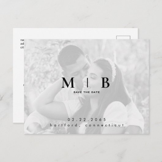 Carte Postale Faire-part Simple & Élégant Photo Monogramme Date de Mariage (Devant / Derrière)