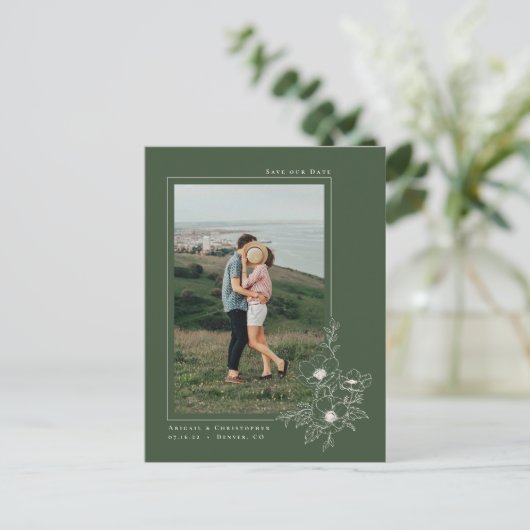 Carte Postale Faire-part Simple émeraude Anemone Art Floral Enregistrer la (Debout devant)