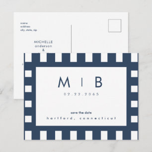 Carte Postale Faire-part Simple Enregistrer la Date Bleu Marine Monogramme