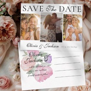 Carte Postale Faire-part Simple Enregistrez la Date 3 Photo & Fleurs Mariag