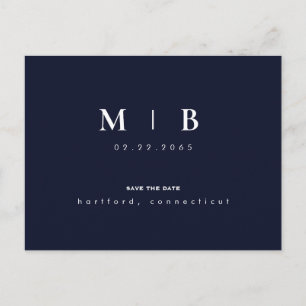 Carte Postale Faire-part Simple et élégant monogramme bleu marine et blanc