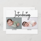 Carte Postale Faire-part Simple introduction Script Twins garçon et fille n (Devant / Derrière)