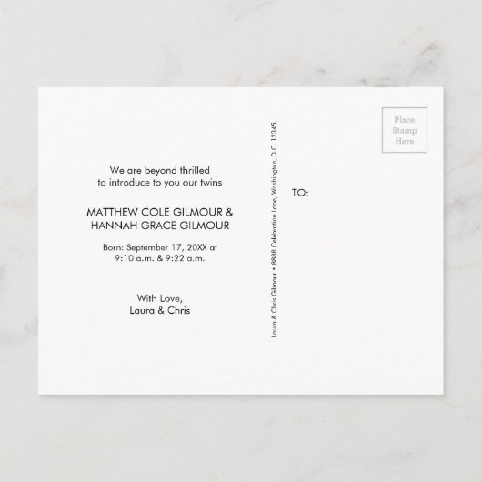 Carte Postale Faire-part Simple introduction Script Twins garçon et fille n (Dos)