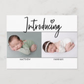 Carte Postale Faire-part Simple introduction Script Twins garçon et fille n (Devant)