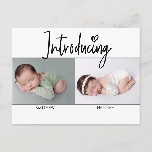 Carte Postale Faire-part Simple introduction Script Twins garçon et fille n (Devant)