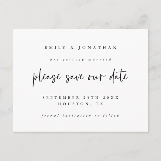 Carte Postale Faire-part Simple Mariage Écriture Noir Blanc Date à Réserver (Devant)