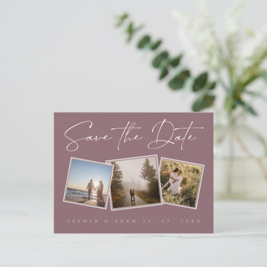 Carte Postale Faire-part Simple Mariage Photo Save the Date Violet Prune (Debout devant)