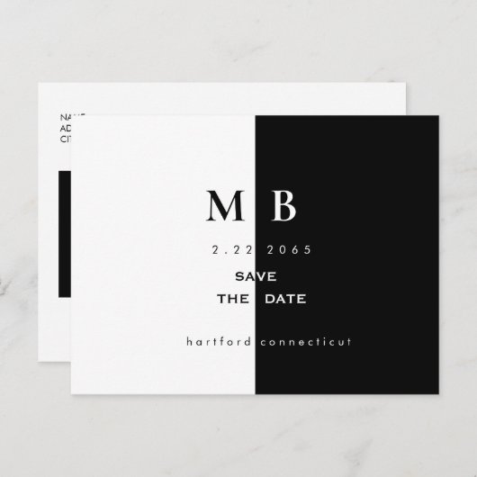 Carte Postale Faire-part Simple moderne B/W Monogramme Mariage Enregistrer  (Devant / Derrière)
