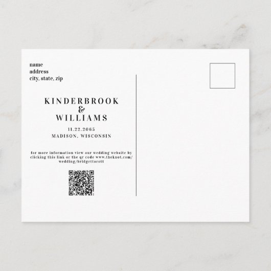 Carte Postale Faire-part Simple Moderne B/W Monogramme QR Code Enregistrer (Dos)