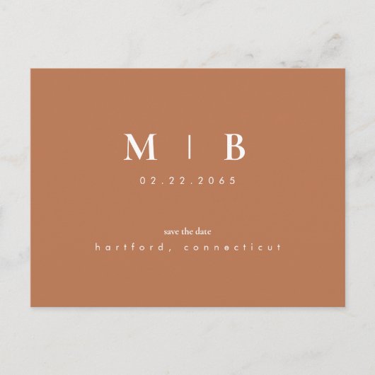 Carte Postale Faire-part Simple Monogram Terracotta Enregistrer la date QR (Devant)