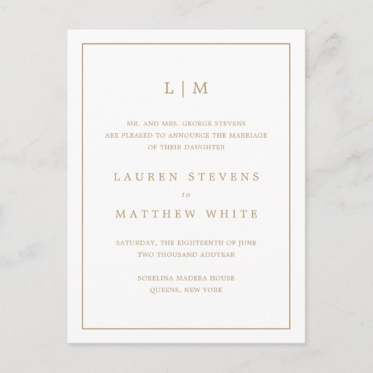 Carte Postale Faire-part Simple Monogramme Antique Or Élégant Mariage (Devant)