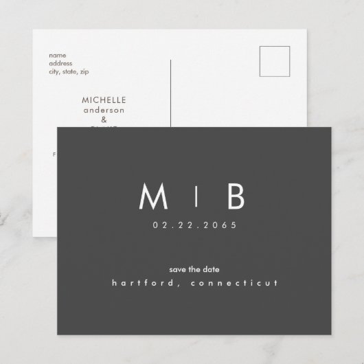 Carte Postale Faire-part Simple Monogramme Charbon Save the Date (Devant / Derrière)