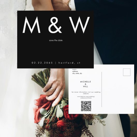 Carte Postale Faire-part Simple Monogramme Code QR N&B Save the Date