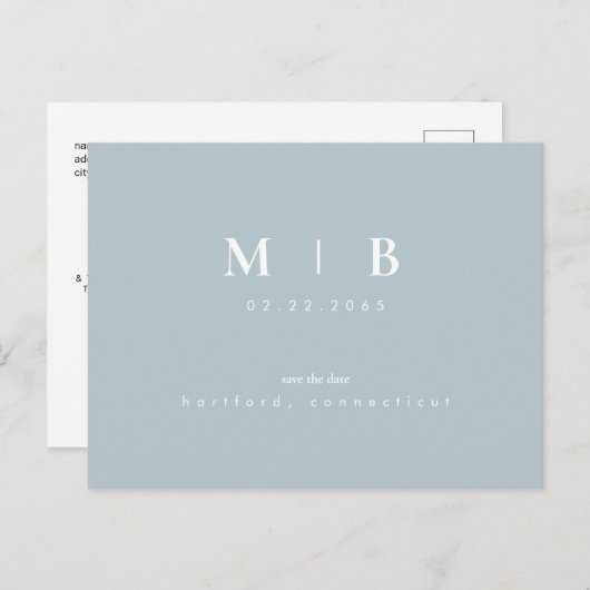 Carte Postale Faire-part Simple Monogramme Hiver Bleu Enregistrer la date Q (Devant / Derrière)