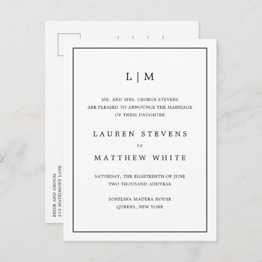 Carte Postale Faire-part Simple Monogramme Noir et Blanc Élégant de Mariage (Devant / Derrière)