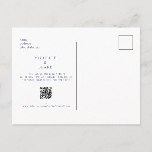 Carte Postale Faire-part Simple Monogramme Périwinkle Enregistrer la date Q (Dos)