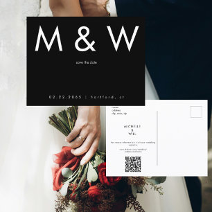 Carte Postale Faire-part Simple Monogramme QR Code B/N Enregistrer la Date