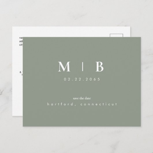 Carte Postale Faire-part Simple Monogramme Sage Enregistrer la date Annonce (Devant / Derrière)