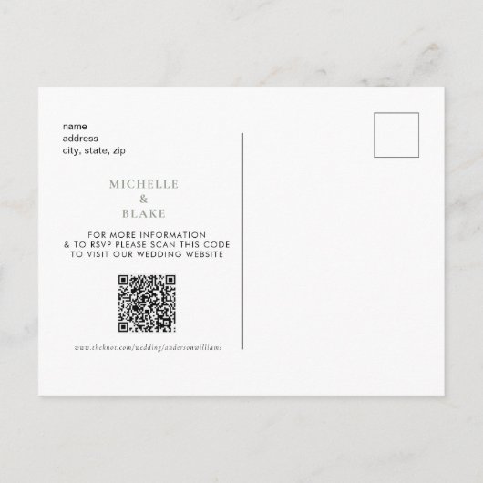 Carte Postale Faire-part Simple Monogramme Sage Enregistrer la Date QR  Ann (Dos)