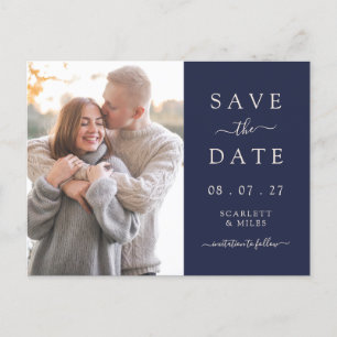 Carte Postale Faire-part Simple Navy Blue Photo Enregistrer La Date Mariage