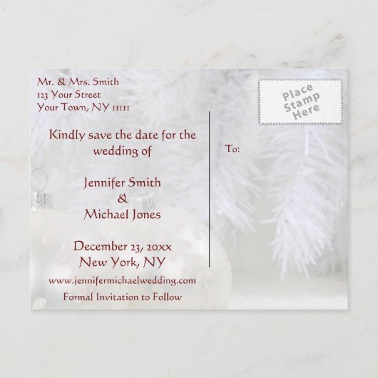 Carte Postale Faire-part Simple Noël blanc hiver Sauvez la date (Dos)