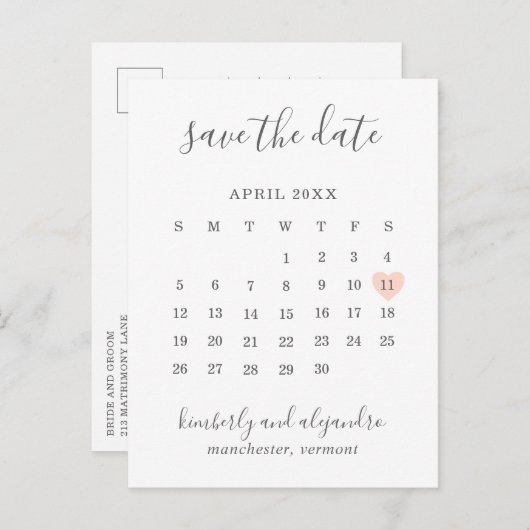 Carte Postale Faire-part Simple Peach Heart Calendrier Mariage Enregistrer (Devant / Derrière)