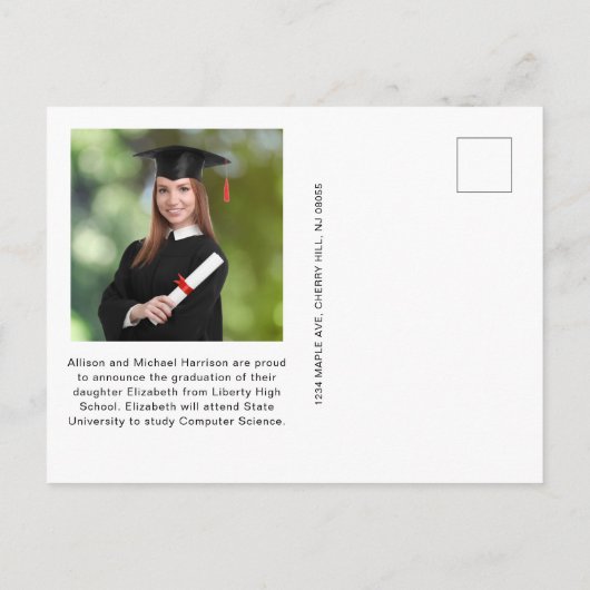 Carte Postale Faire-part Simple Photo Bleu Diplômé (Dos)