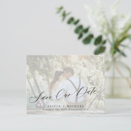 Carte Postale Faire-part Simple photo élégant écriture mariage à retenir la (Debout devant)