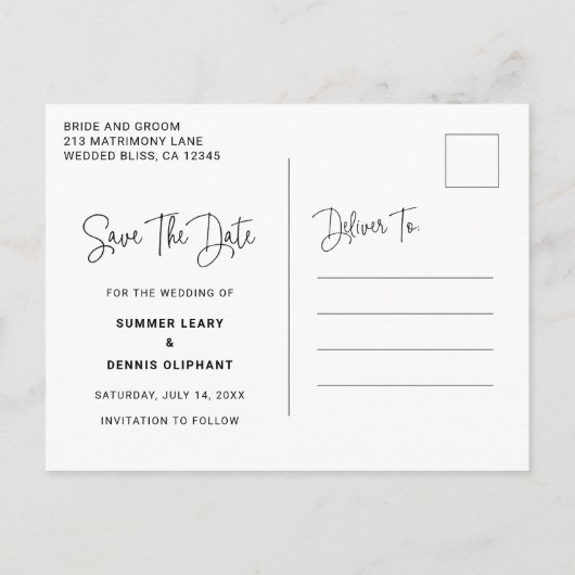 Carte Postale Faire-part Simple Photo Elegant Mariage Enregistrer la Date (Dos)