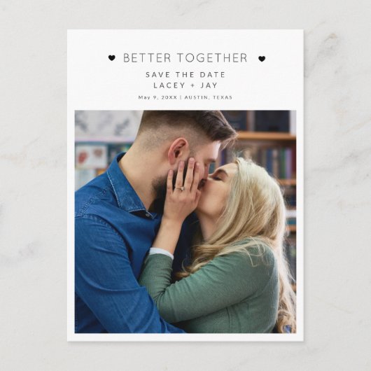 Carte Postale Faire-part Simple Photo Mariage Noir Blanc Épargnez la Date (Devant)