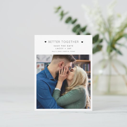 Carte Postale Faire-part Simple Photo Mariage Noir Blanc Épargnez la Date (Debout devant)