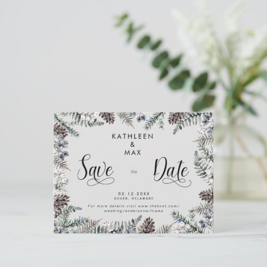 Carte Postale Faire-part Simple Pine Cones Mariage site Web Enregistrer la  (Debout devant)