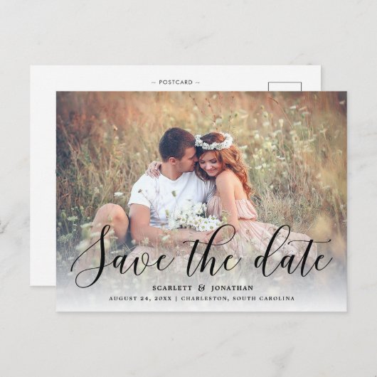 Carte Postale Faire-part Simple Romance Photo Enregistrer la Date | Noir (Devant / Derrière)