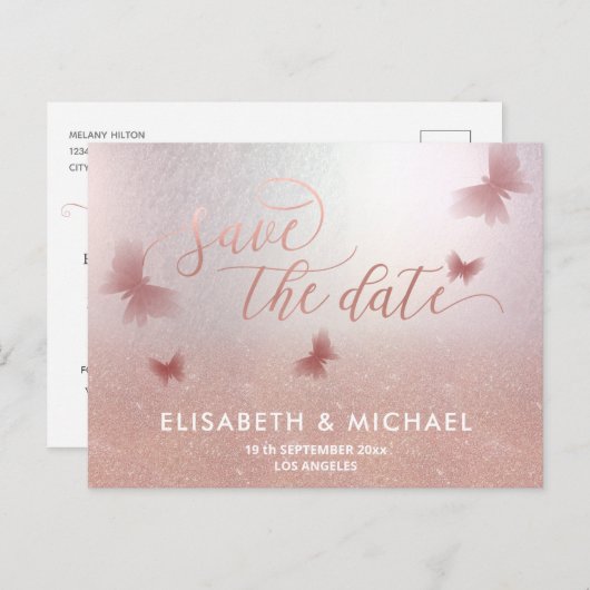 Carte Postale Faire-part Simple romantique papillon rose or calligraphie (Devant / Derrière)