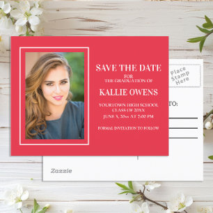 Carte Postale Faire-part Simple Rouge Blanc Graduation Enregistrer la Date