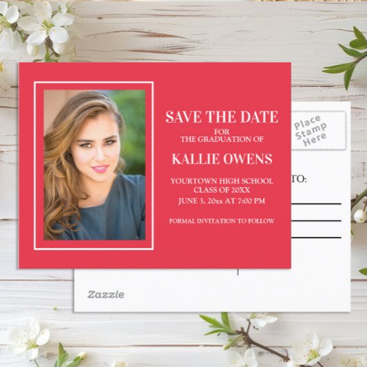 Carte Postale Faire-part Simple Rouge Blanc Graduation Enregistrer la Date