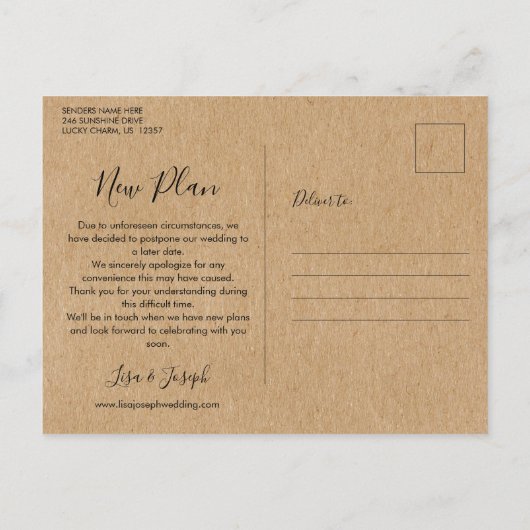 Carte Postale Faire-part Simple rustique Modifier la date reportée Annulé (Dos)