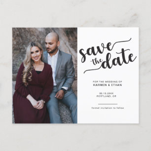 Carte Postale Faire-part Simple Script Enregistrer la Date Photo Noir & Bla