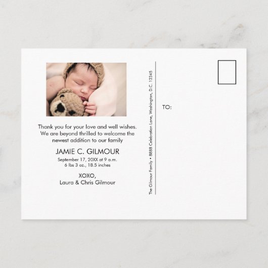 Carte Postale Faire-part Simple Script Merci Photos de bébé (Dos)