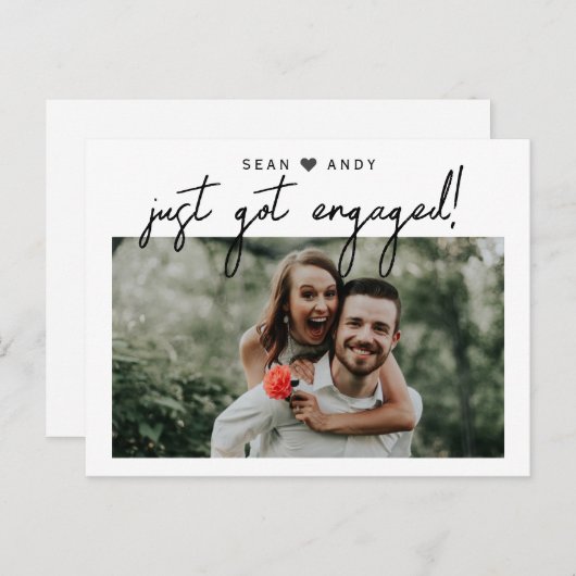 Carte Postale Faire-part Simple script moderne juste obtenu photo engagé (Devant / Derrière)