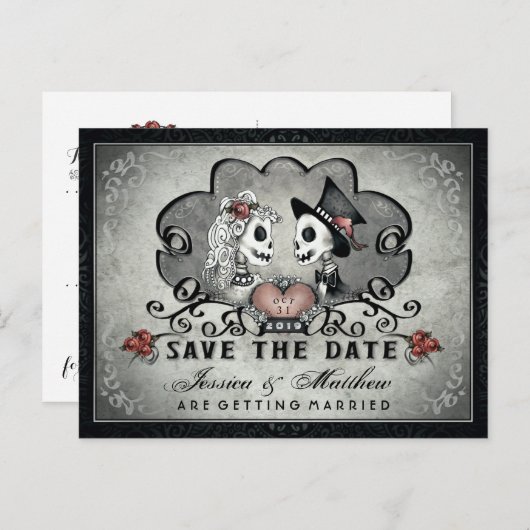 Carte Postale Faire-part Skeletons Black Grey White SAVE DATE (Devant / Derrière)