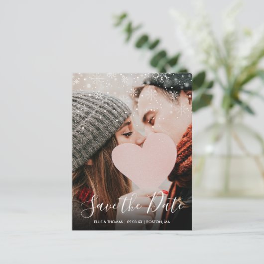 Carte Postale Faire-part Snowflakes d'hiver Script Photo Enregistrer la dat (Debout devant)