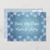 Carte Postale Faire-part Snowflakes sur mariage bleu Enregistrer la date Ca (Devant / Derrière)