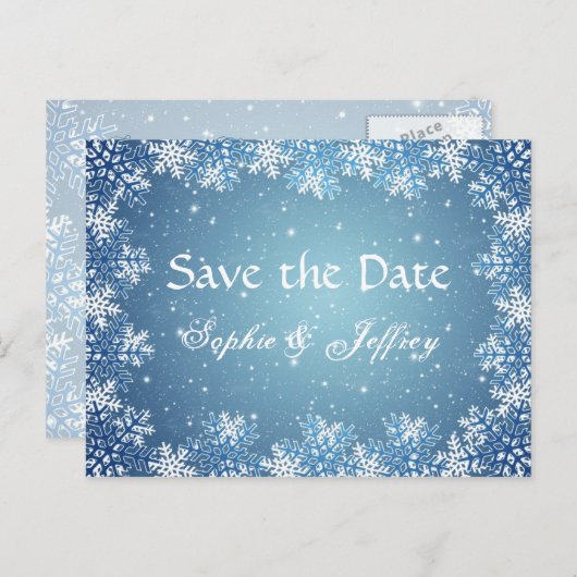 Carte Postale Faire-part Snowflakes sur mariage bleu Enregistrer la date Ca (Devant / Derrière)