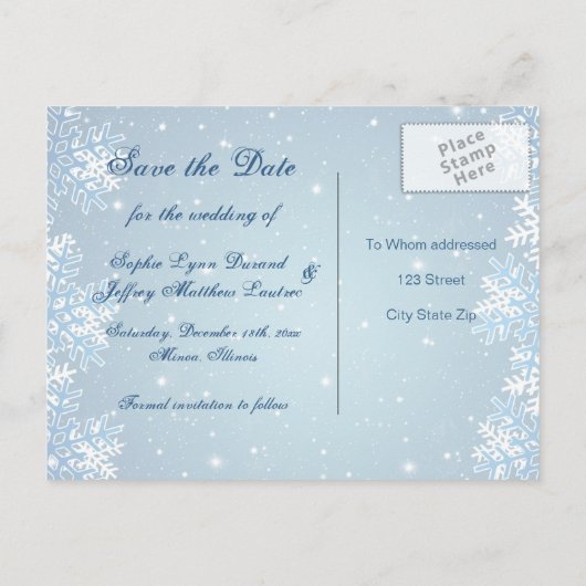 Carte Postale Faire-part Snowflakes sur mariage bleu Enregistrer la date Ca (Dos)