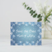 Carte Postale Faire-part Snowflakes sur mariage bleu Enregistrer la date Ca (Debout devant)